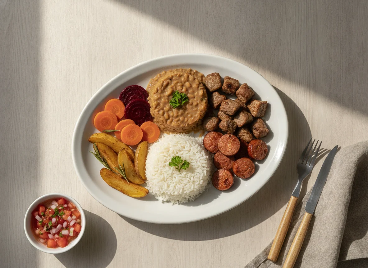 Prato Feito Brasileiro com Carne, Linguiça e Salada photo