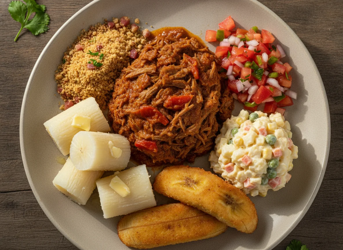 Prato Feito Brasileiro com Carne Louca e Acompanhamentos photo