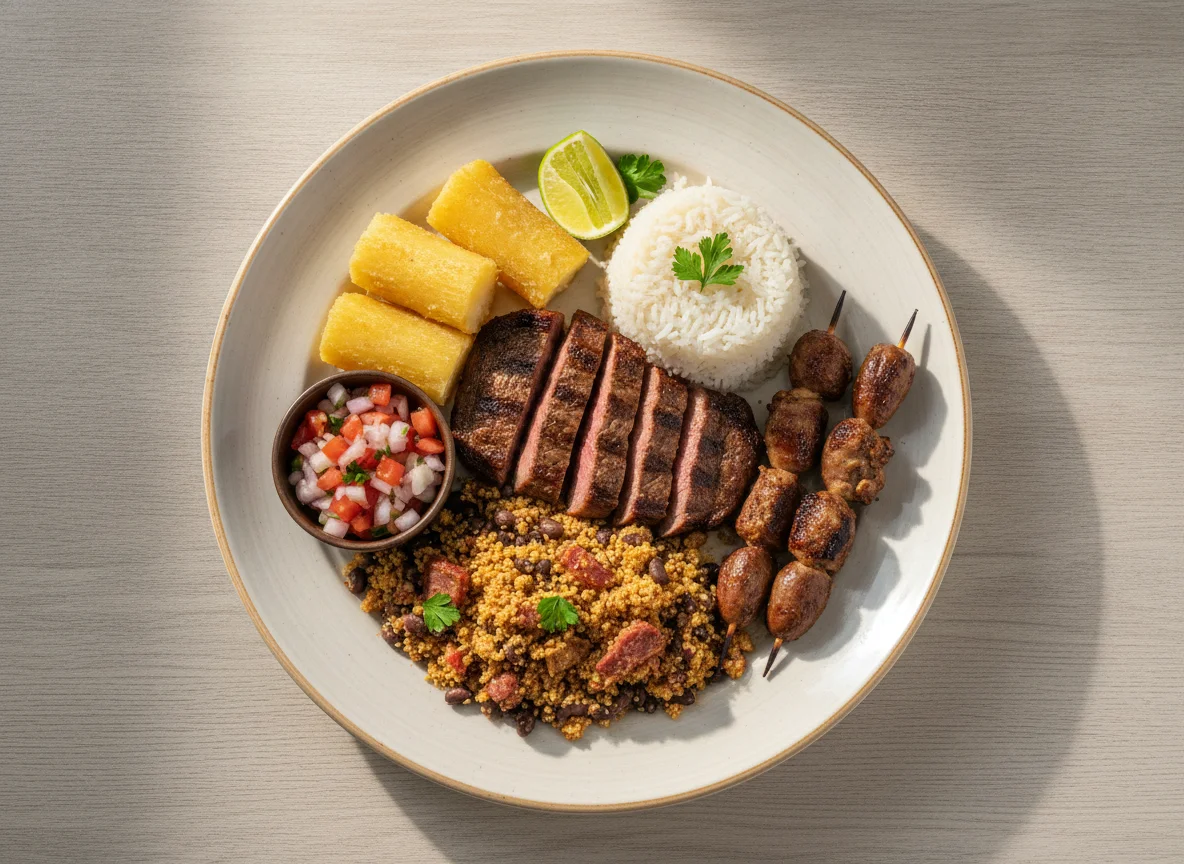 Prato Feito Brasileiro com Carne, Mandioca e Baião de Dois photo