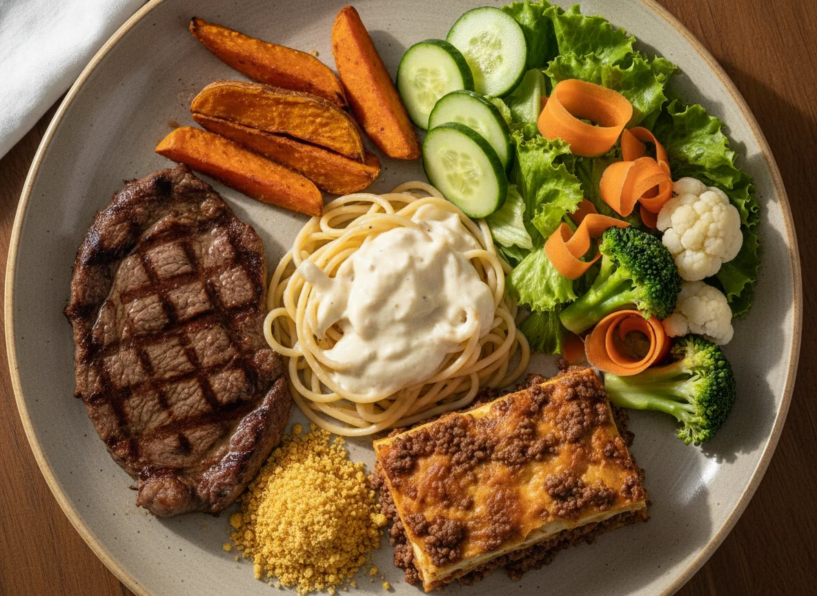 Prato Feito Brasileiro com Carne, Massa e Salada photo