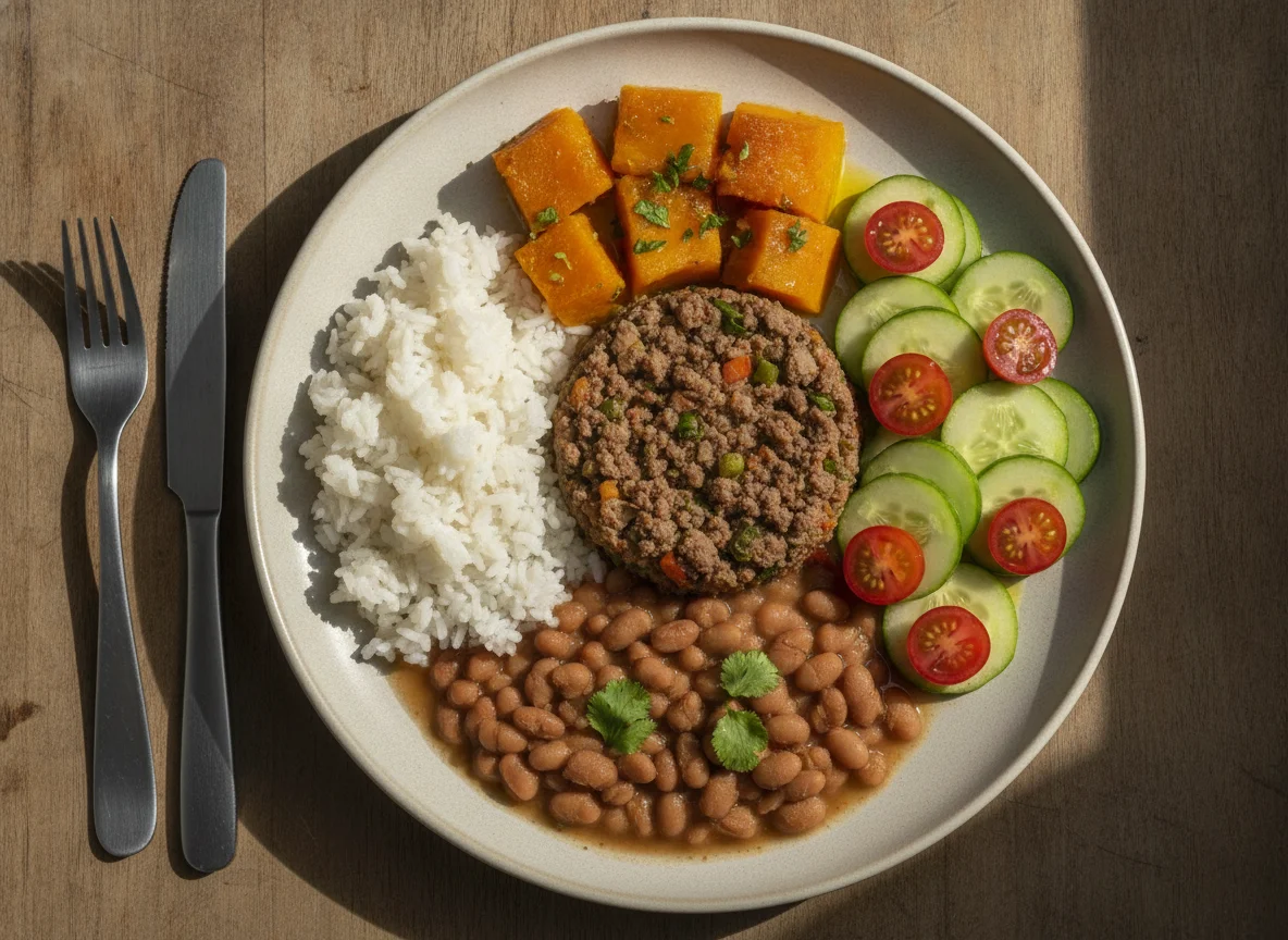 Prato feito brasileiro com carne moída, abóbora, arroz, feijão e salada photo