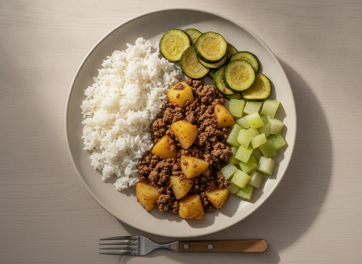 Prato feito brasileiro com carne moída, arroz, abobrinha e chuchu photo