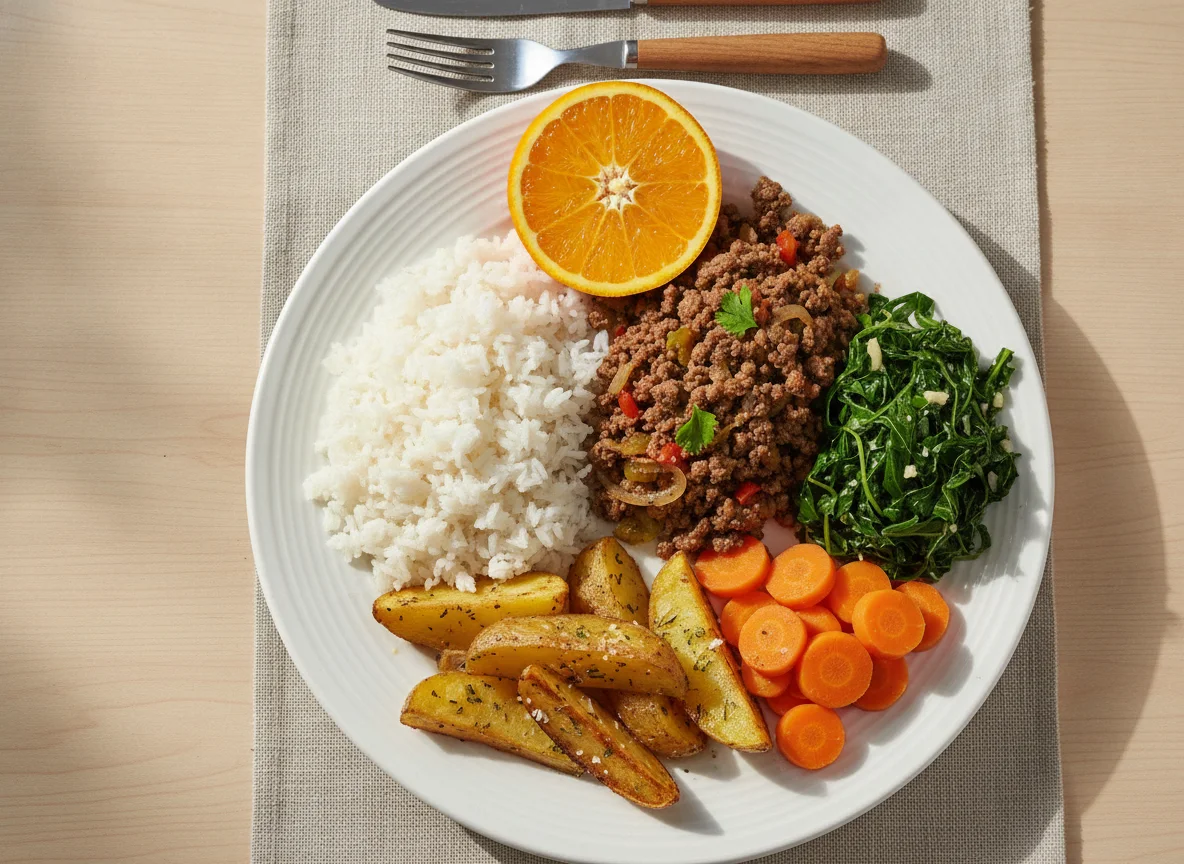 Prato feito brasileiro com carne moída, arroz, batata, cenoura e couve photo