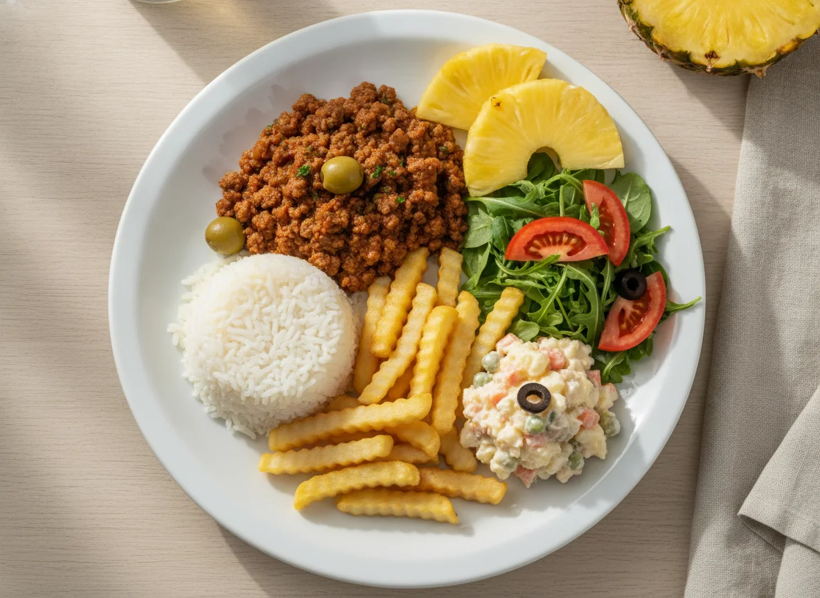 Prato Feito Brasileiro com Carne Moída, Arroz, Batata Frita, Salada e Abacaxi photo
