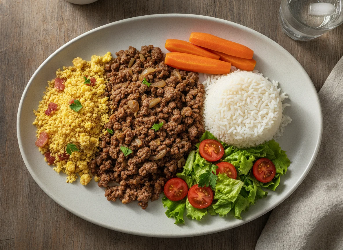 Prato feito brasileiro com carne moída, arroz, cenoura e salada photo
