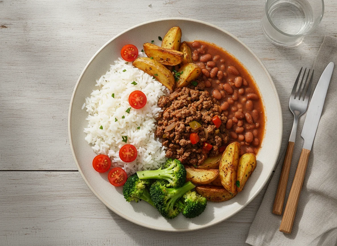 Prato Feito Brasileiro com Carne Moída, Arroz, Feijão, Batata Rústica e Brócolis photo