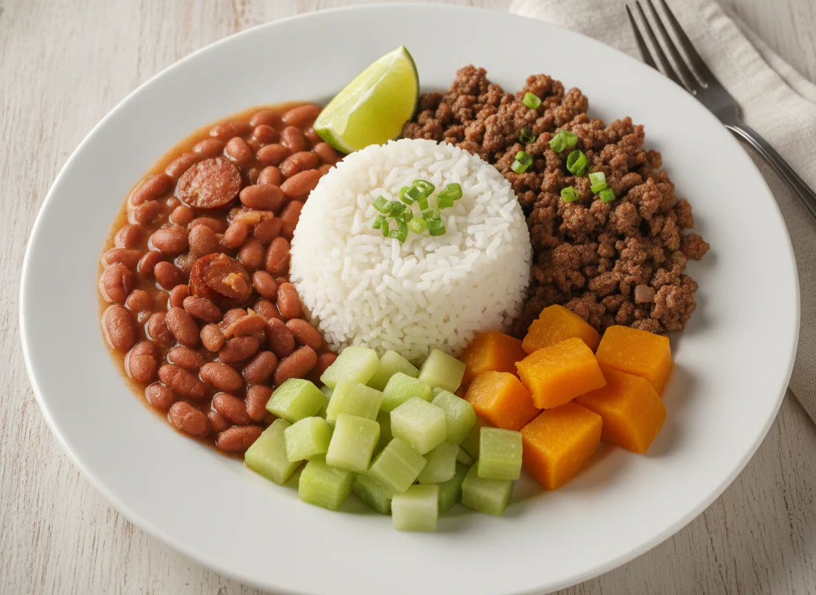 Prato feito brasileiro com carne moída, arroz, feijão, chuchu e abóbora photo
