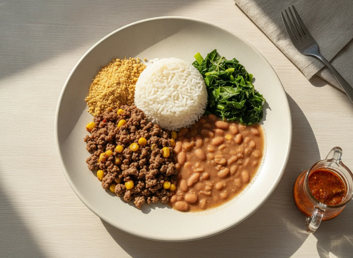 Prato feito brasileiro com carne moída, arroz, feijão, couve e farofa photo