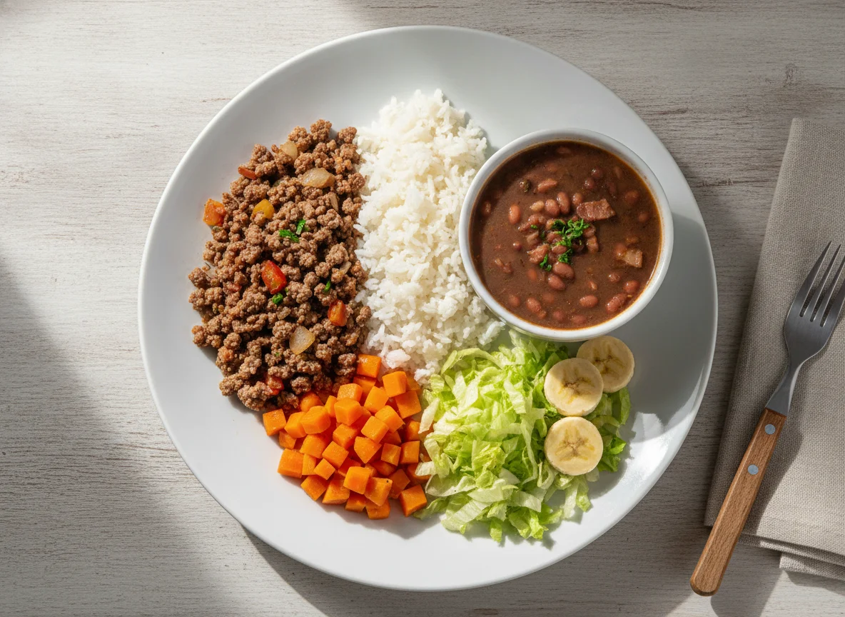 Prato feito brasileiro com carne moída, arroz, feijão, cenoura e salada photo