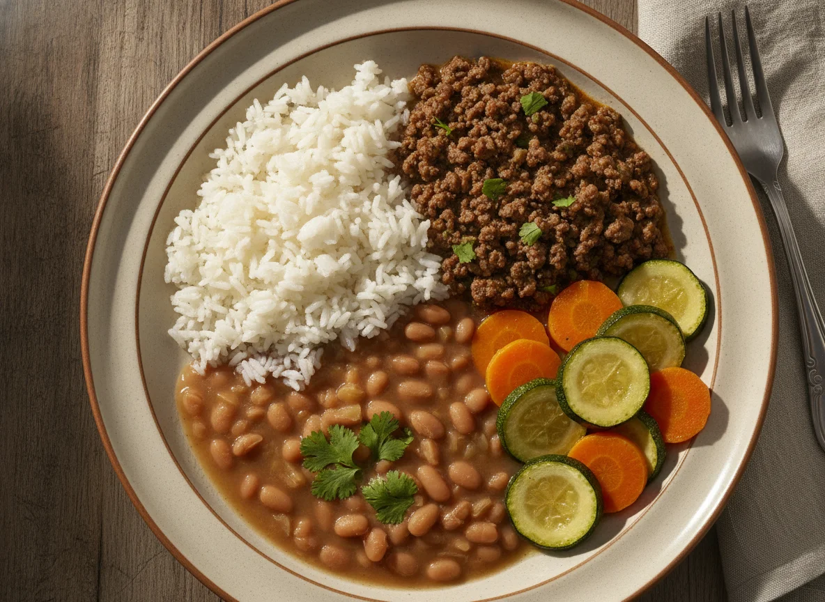 Prato feito brasileiro com carne moída, arroz, feijão, cenoura e abobrinha photo
