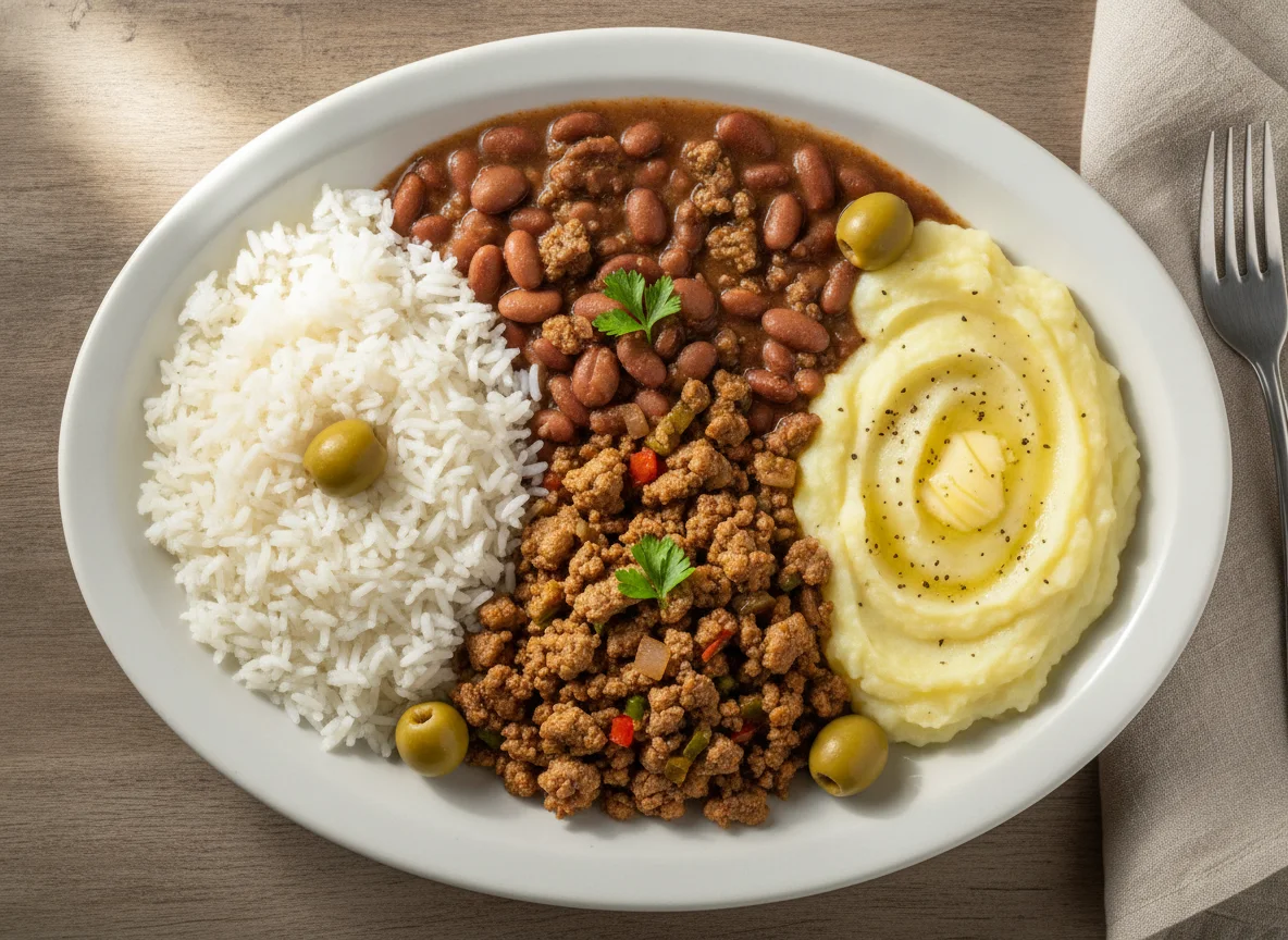 Prato feito brasileiro com carne moída, arroz, feijão e purê de batata photo