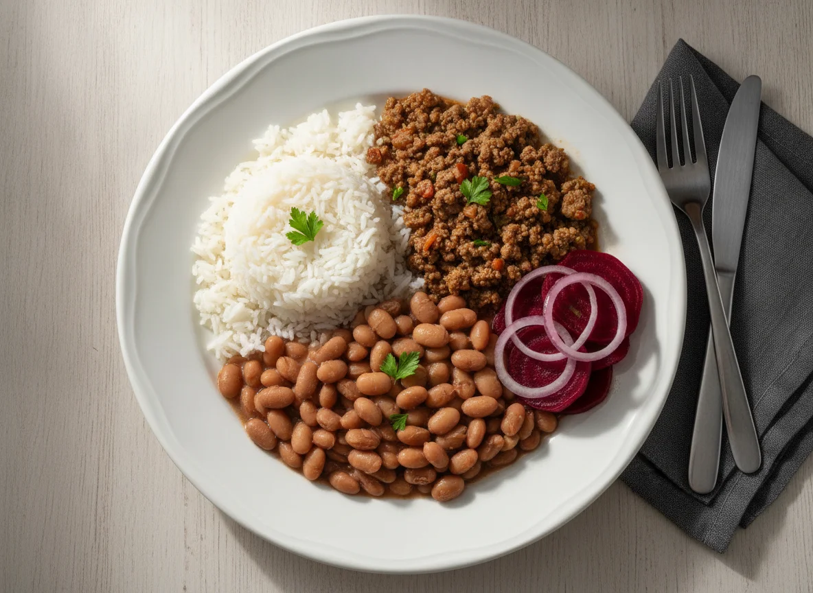 Prato feito brasileiro com carne moída, arroz, feijão e beterraba photo