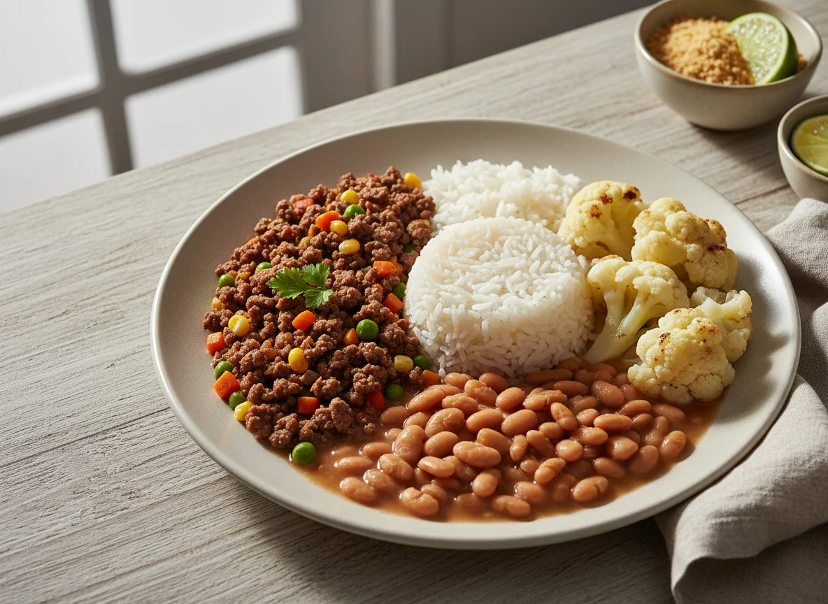 Prato feito brasileiro com carne moída, arroz, feijão e couve-flor photo