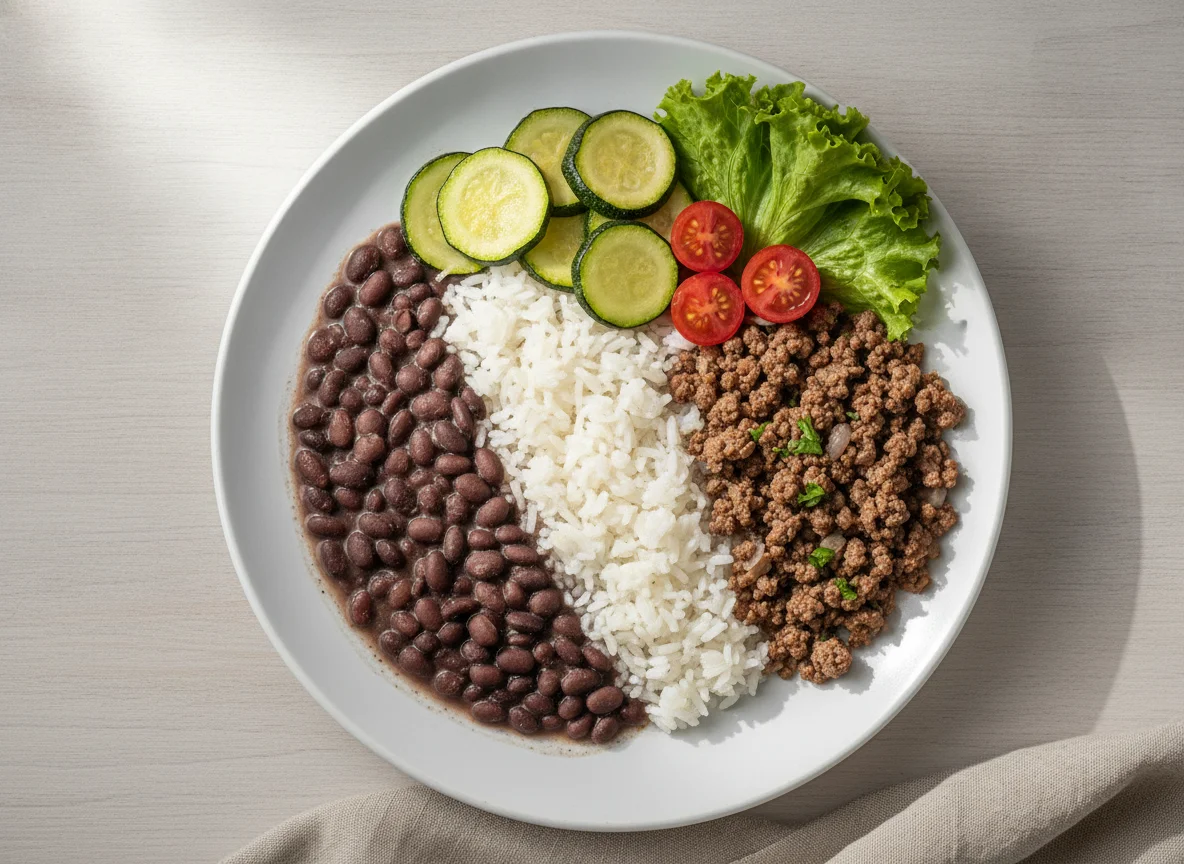 Prato feito brasileiro com carne moída, arroz, feijão e legumes photo