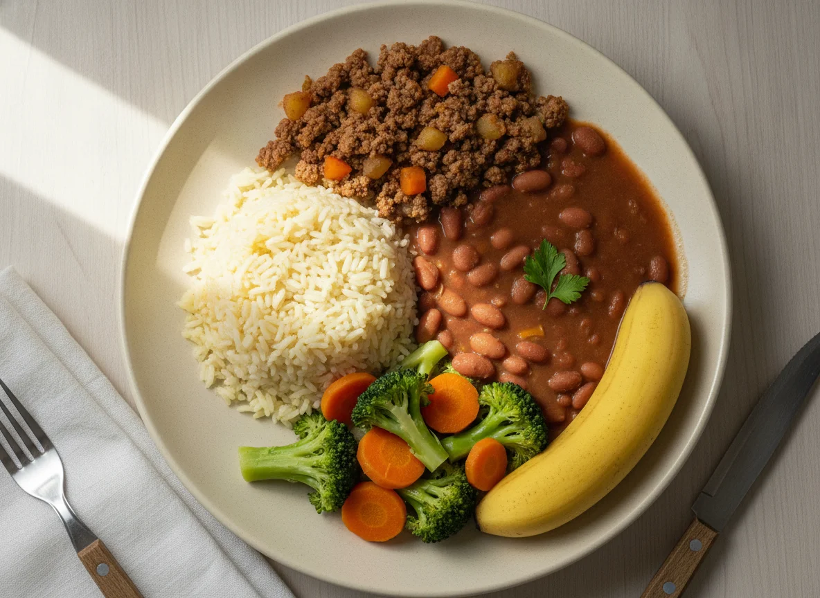 Prato feito brasileiro com carne moída, arroz, feijão e banana photo