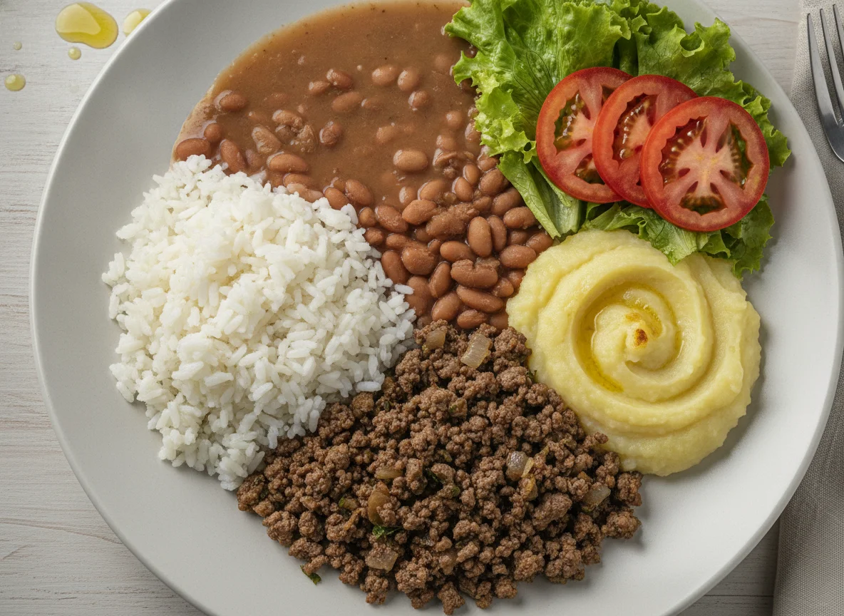 Prato feito brasileiro com carne moída, arroz, feijão e purê photo