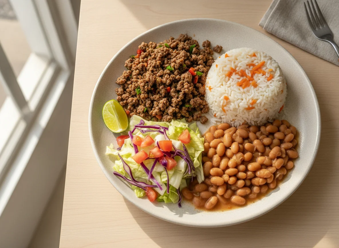 Prato feito brasileiro com carne moída, arroz, feijão e salada photo