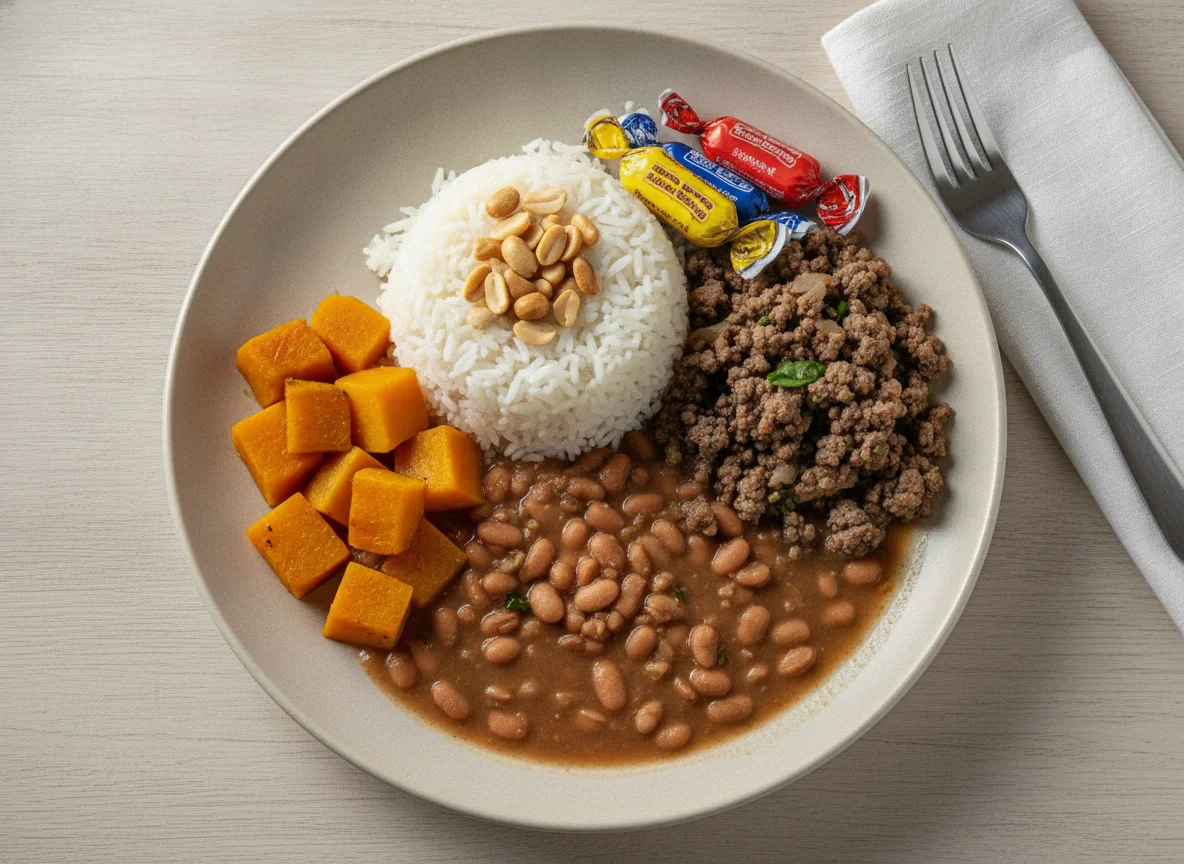 Prato feito brasileiro com carne moída, arroz, feijão e abóbora photo