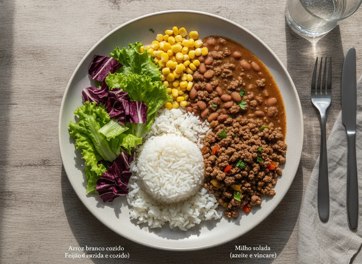 Prato feito brasileiro com carne moída, arroz, feijão, milho e salada photo