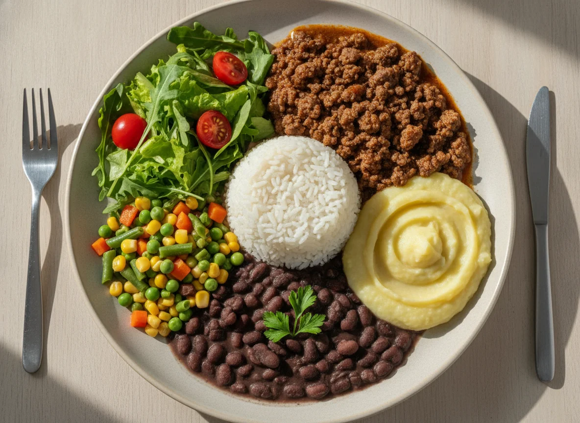 Prato feito brasileiro com carne moída, arroz, feijão, purê e salada photo