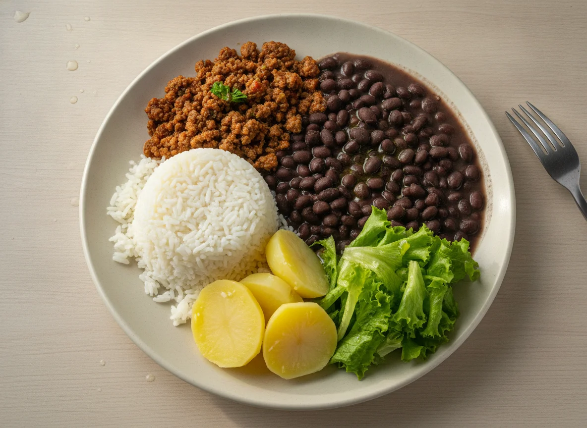 Prato feito brasileiro com carne moída, batata, arroz, feijão e salada photo