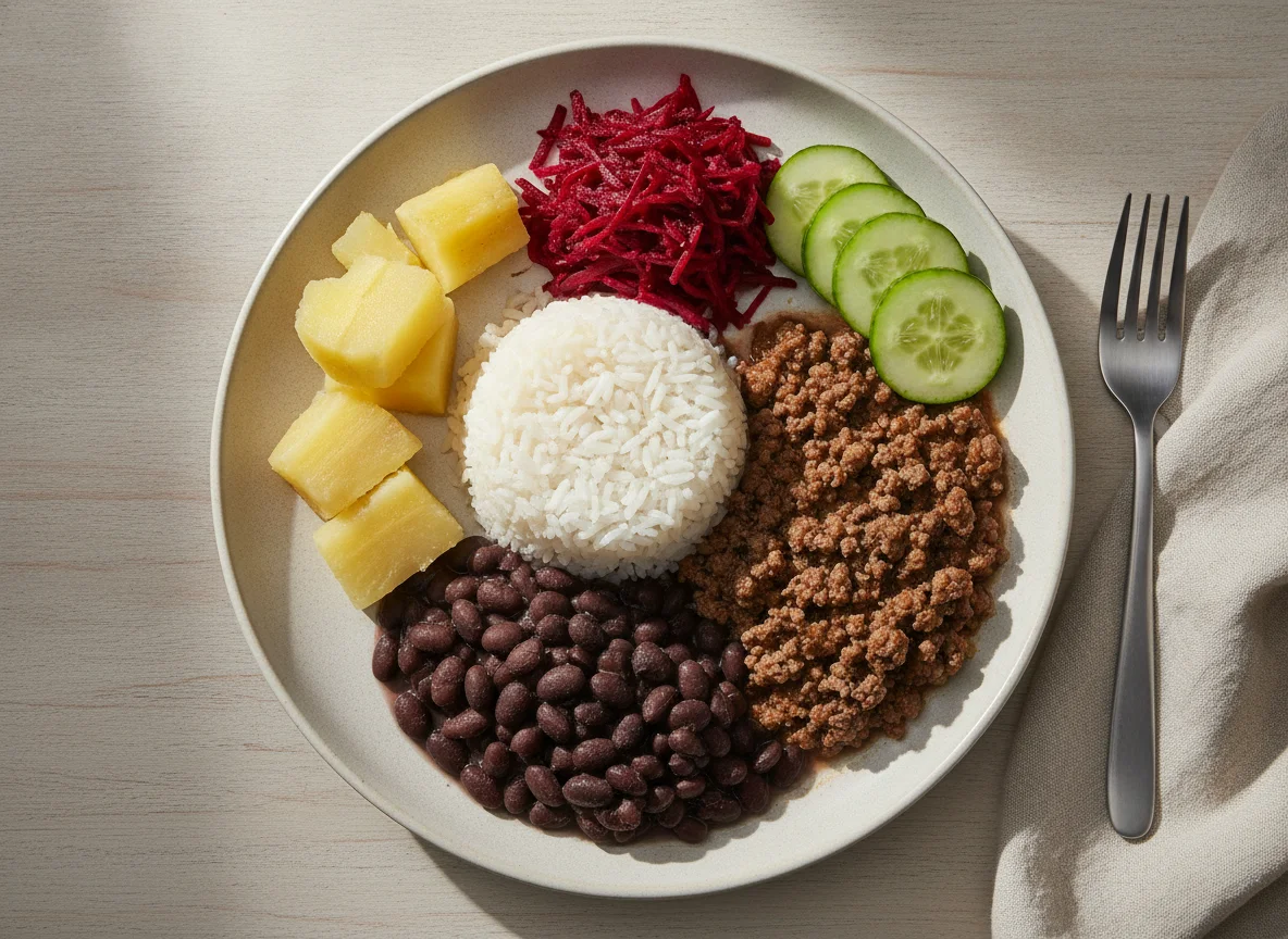 Prato feito brasileiro com carne moída, beterraba e pepino photo