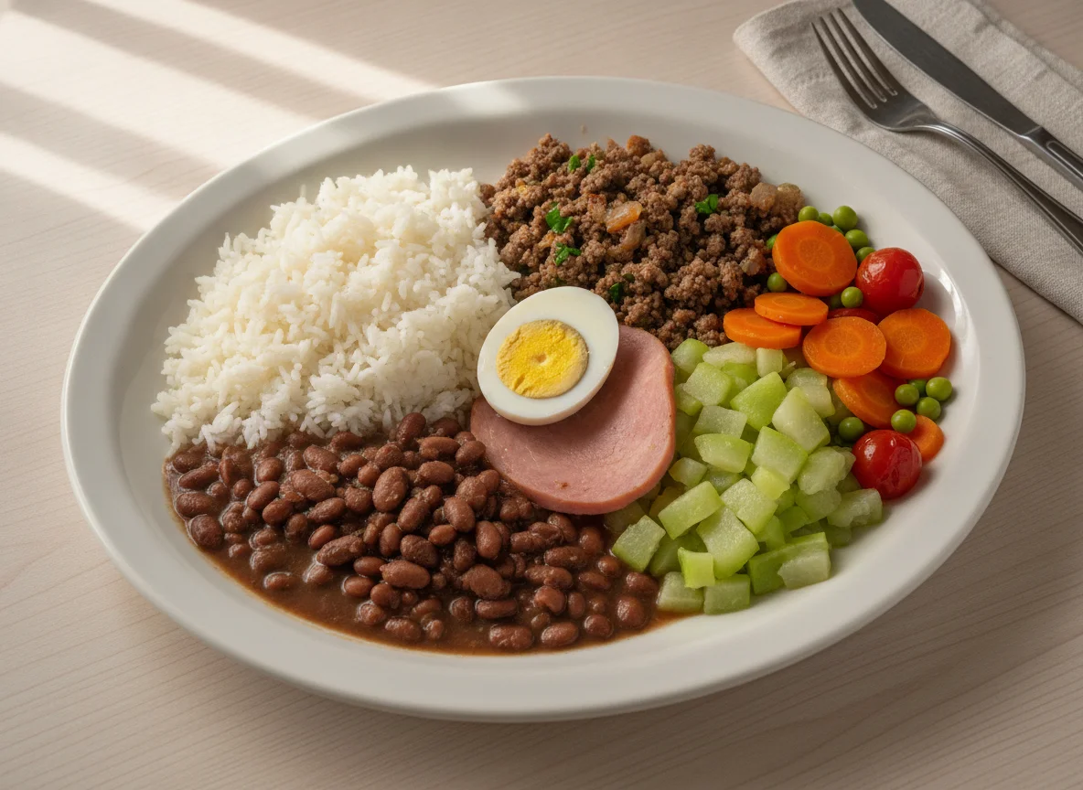 Prato Feito Brasileiro com Carne Moída e Acompanhamentos photo