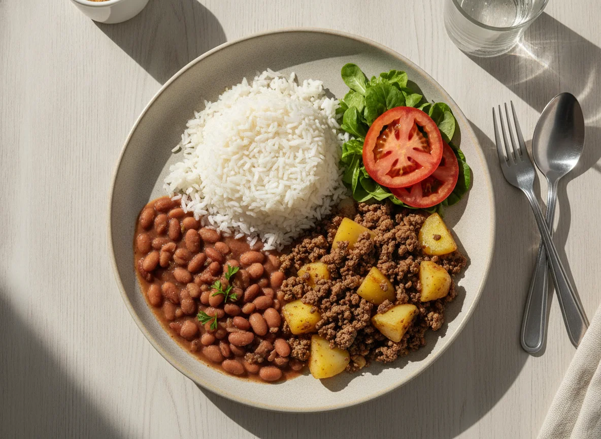 Prato feito brasileiro com carne moída e batata photo