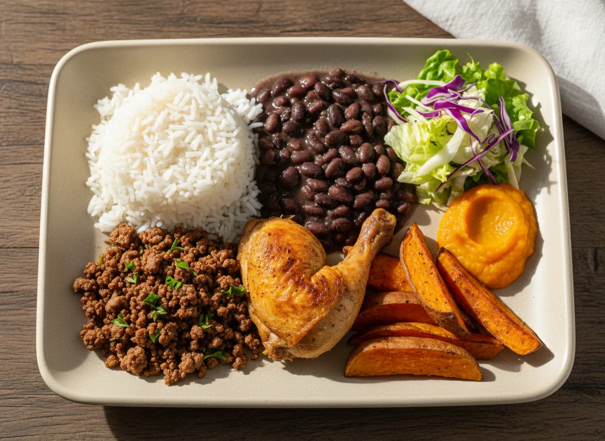 Prato feito brasileiro com carne moída e frango photo