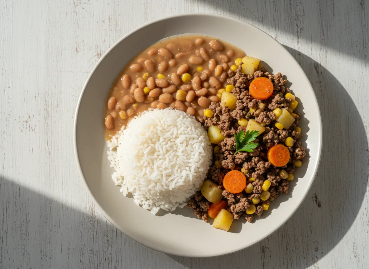 Prato feito brasileiro com carne moída e legumes photo
