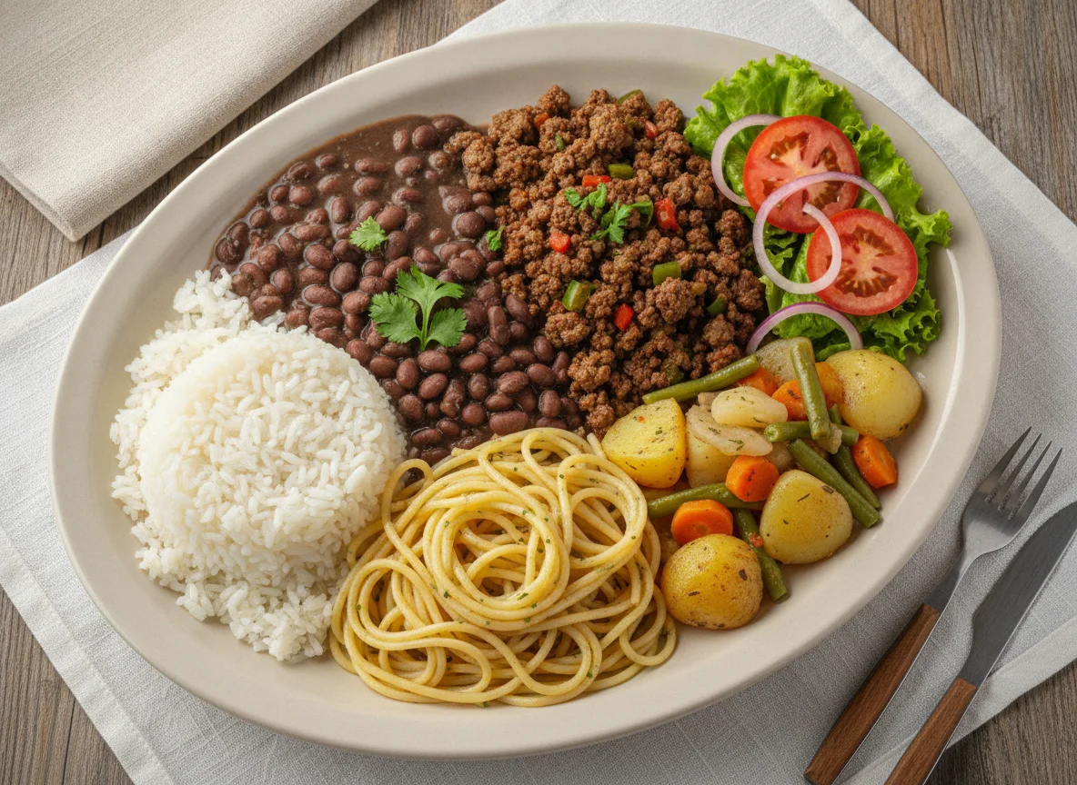 Prato Feito Brasileiro com Carne Moída e Macarrão photo