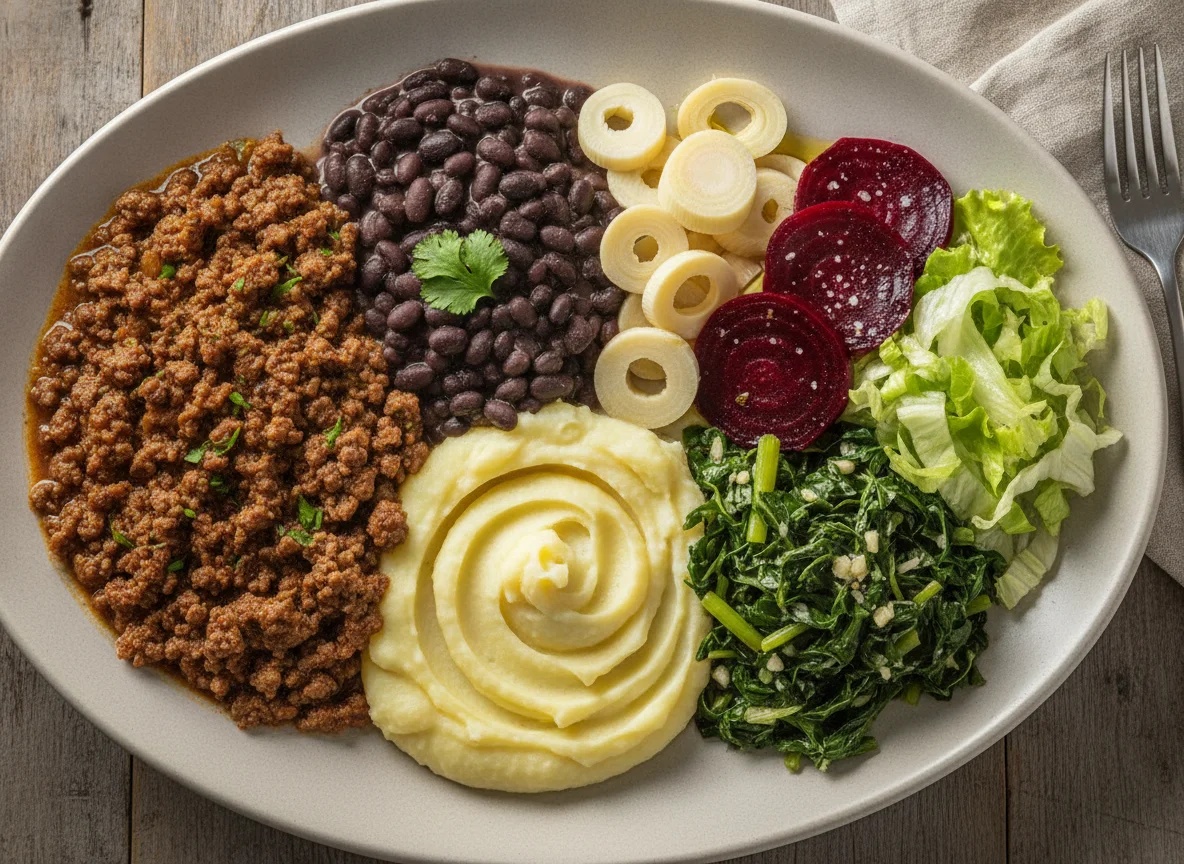 Prato Feito Brasileiro com Carne Moída e Salada photo
