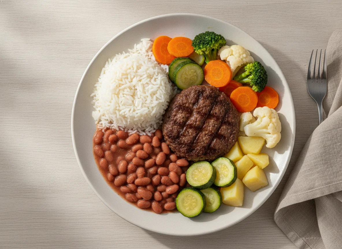 Prato Feito Brasileiro com Carne Moída e Vegetais photo