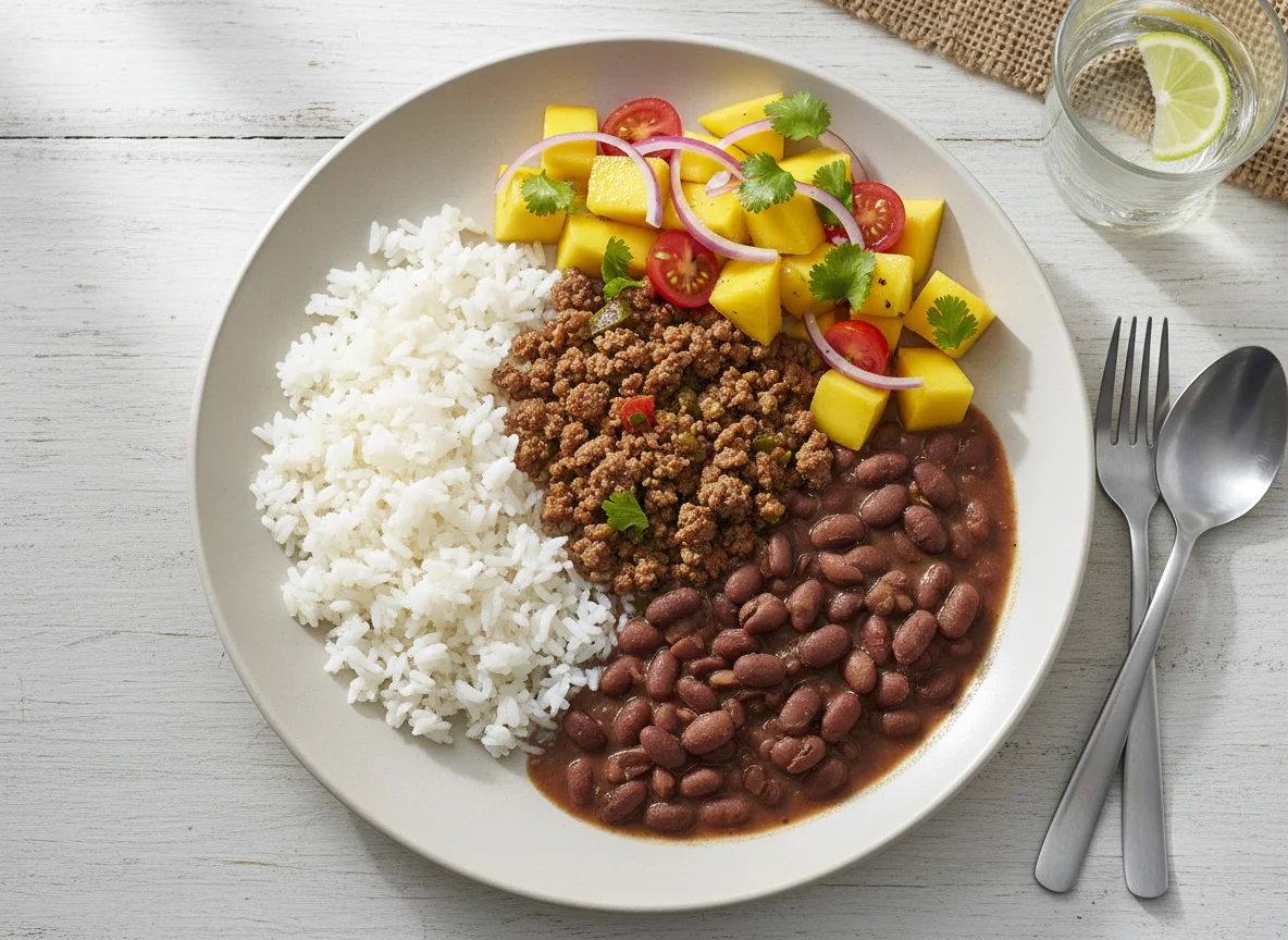 Prato feito brasileiro com carne moída, feijão, arroz e salada de manga photo