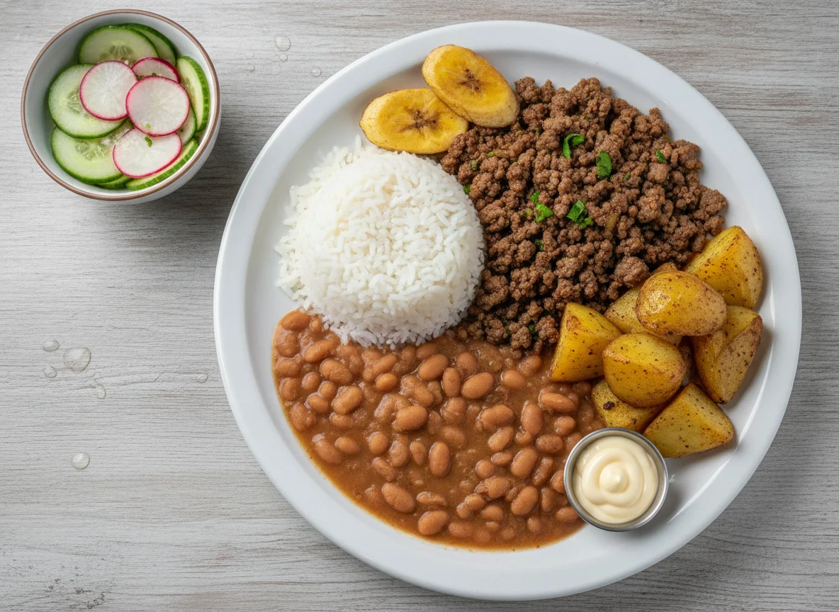 Prato Feito Brasileiro com Carne Moída, Feijão e Batatas photo