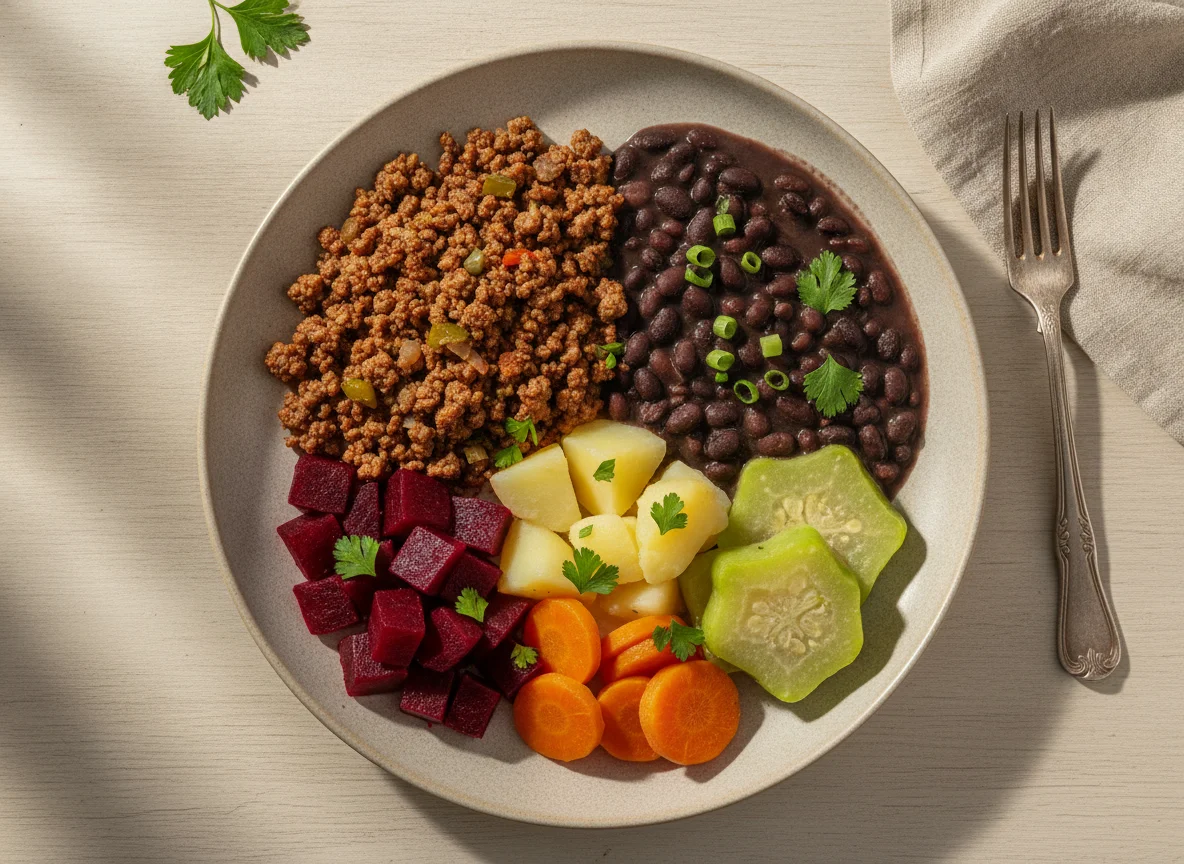 Prato Feito Brasileiro com Carne Moída, Feijão e Vegetais photo
