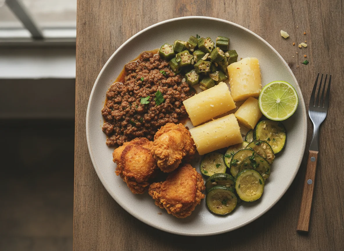 Prato Feito Brasileiro com Carne Moída, Frango Frito, Mandioca e Quiabo photo