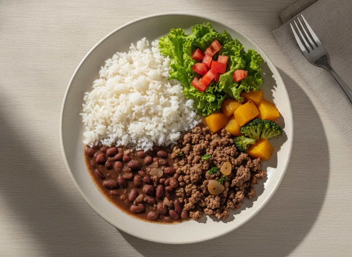 Prato feito brasileiro com carne moída, legumes e salada photo