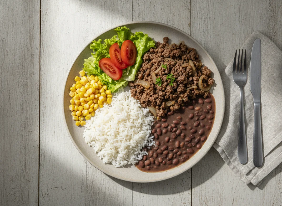 Prato feito brasileiro com carne moída, milho e salada photo