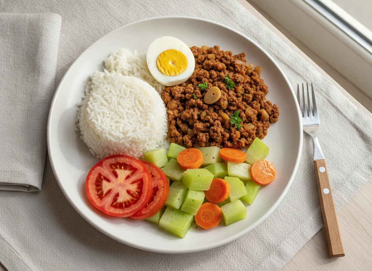 Prato feito brasileiro com carne moída, ovo, arroz e salada photo
