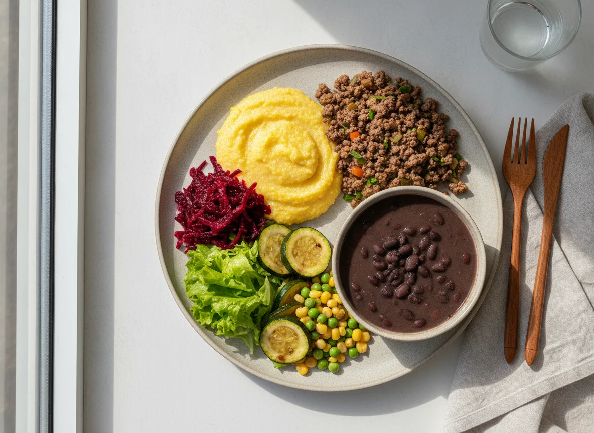 Prato feito brasileiro com carne moída, polenta e salada photo