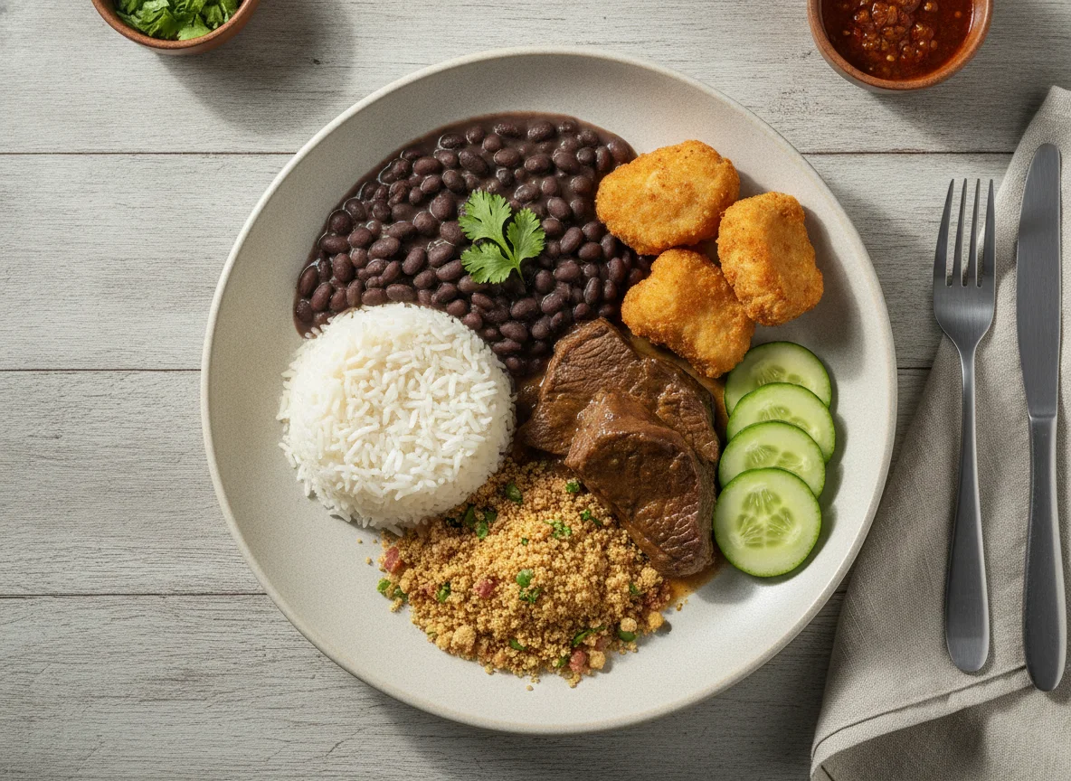 Prato Feito Brasileiro com Carne, Nuggets, Arroz, Feijão, Farofa e Pepino photo
