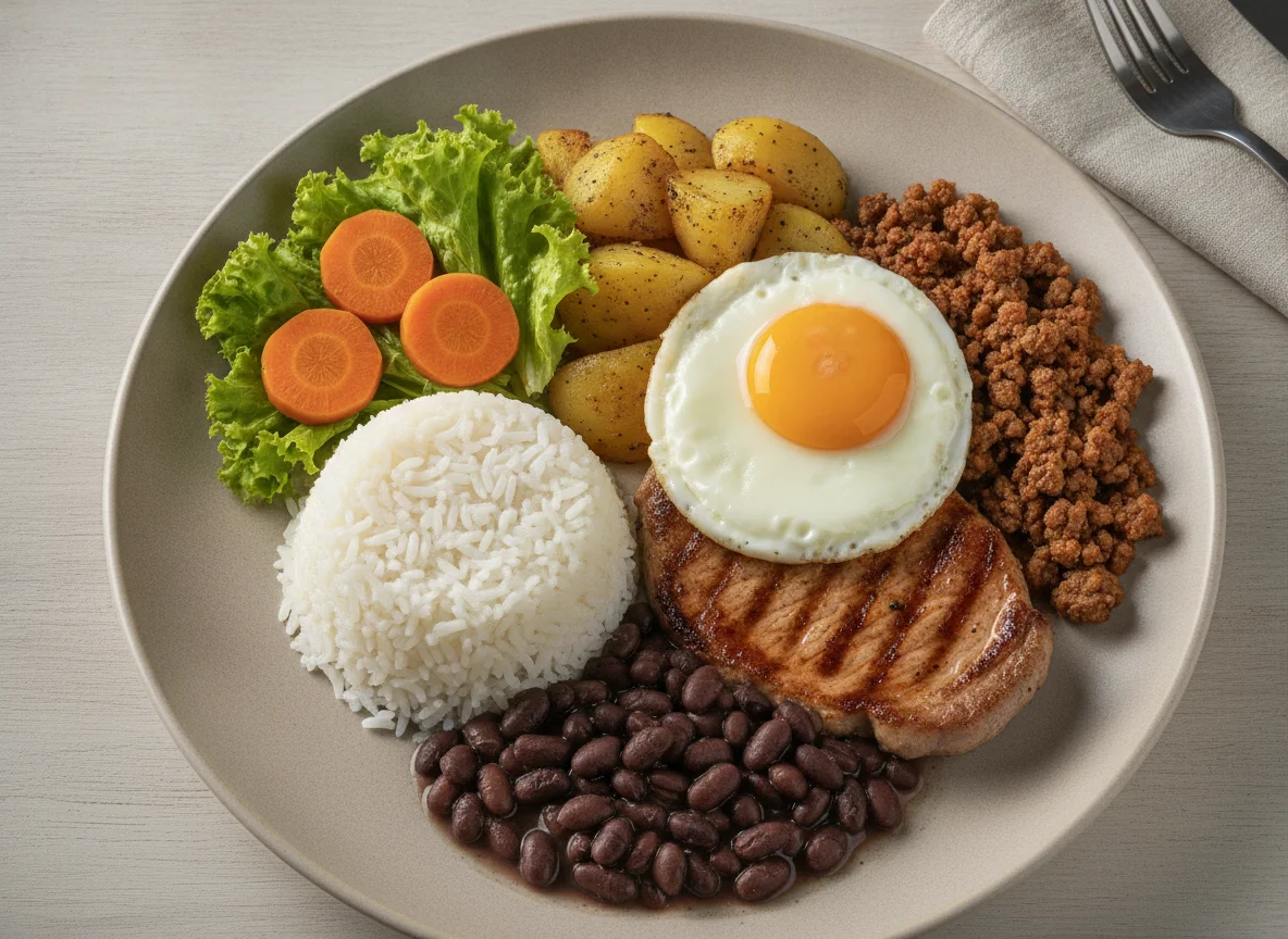 Prato Feito Brasileiro com Carne, Ovo e Batatas photo