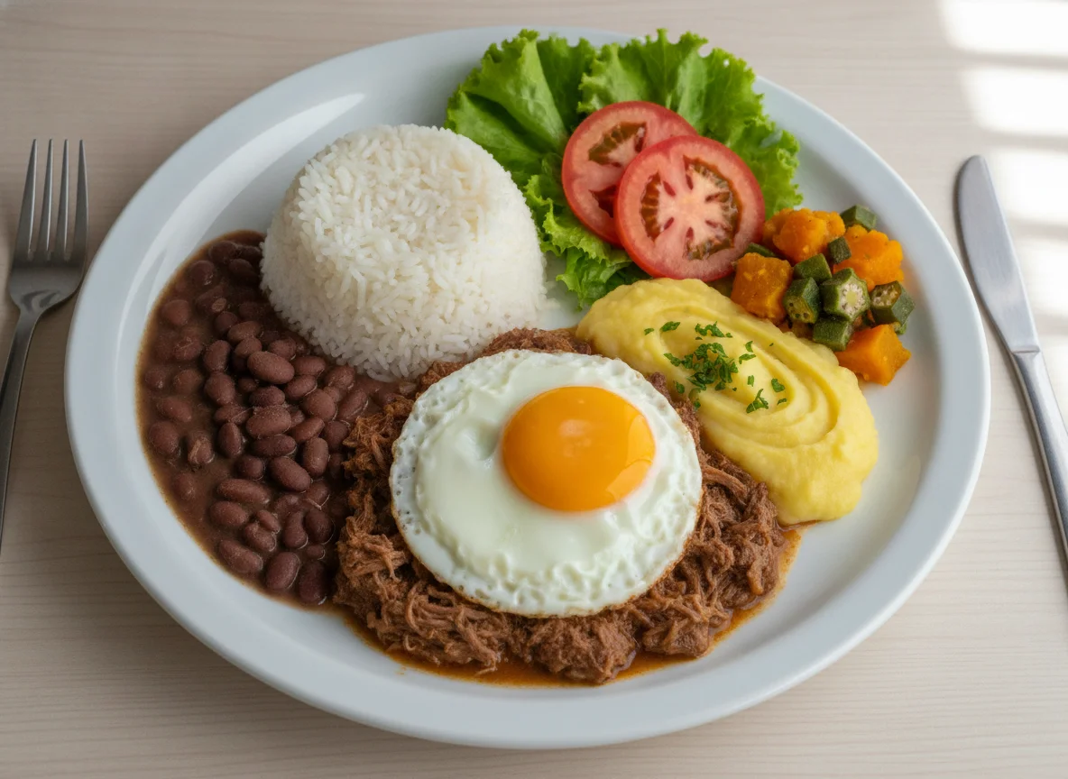 Prato Feito Brasileiro com Carne, Ovo e Purê photo