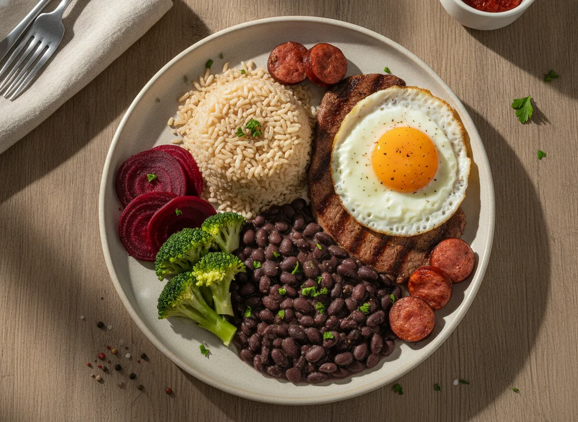 Prato Feito Brasileiro com Carne, Ovo e Vegetais photo