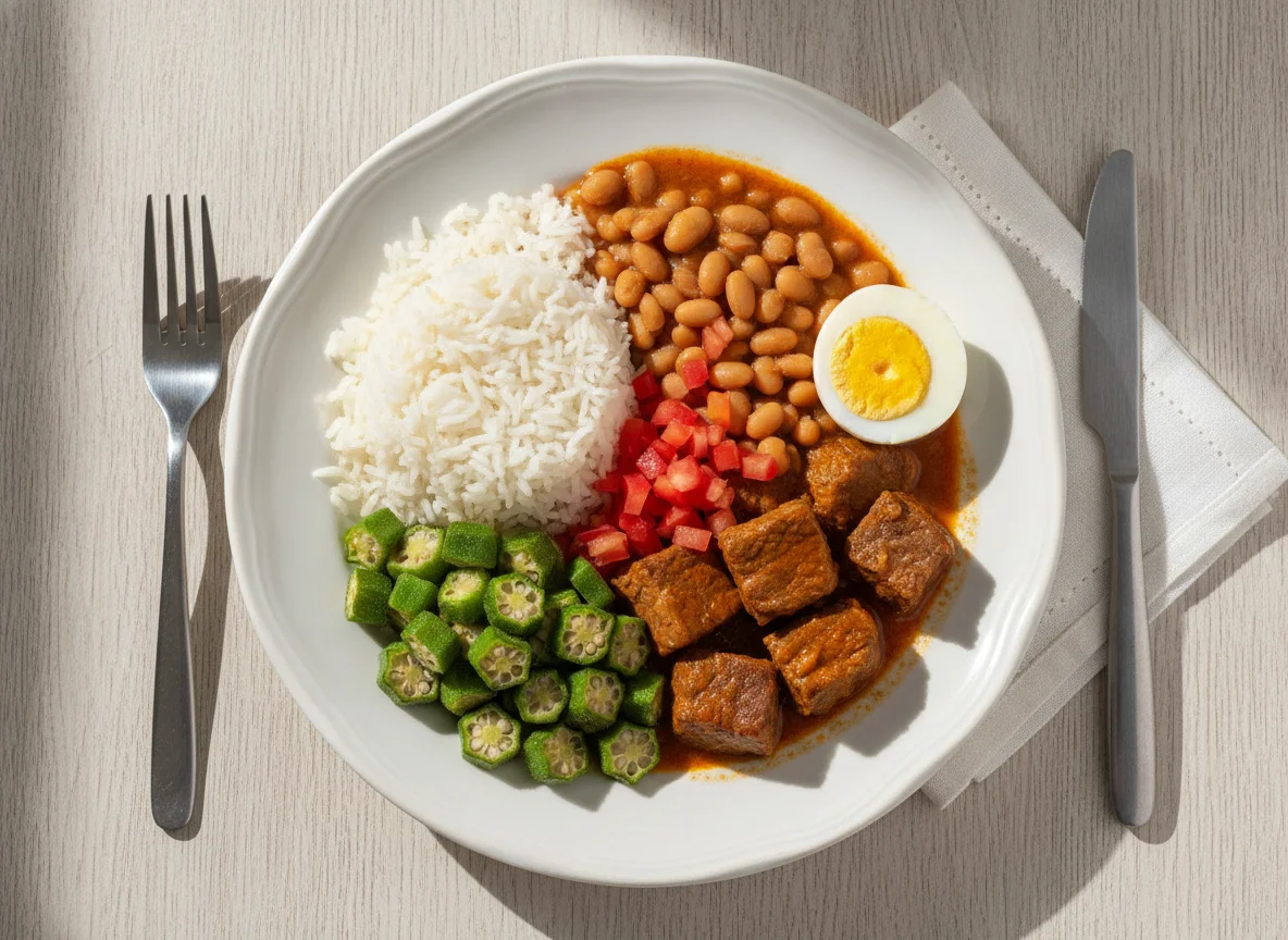 Prato feito brasileiro com carne, ovos, arroz, feijão e quiabo photo
