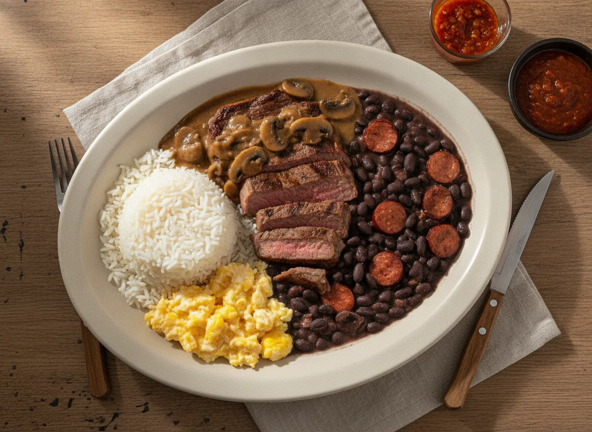 Prato Feito Brasileiro com Carne, Ovos e Feijão photo