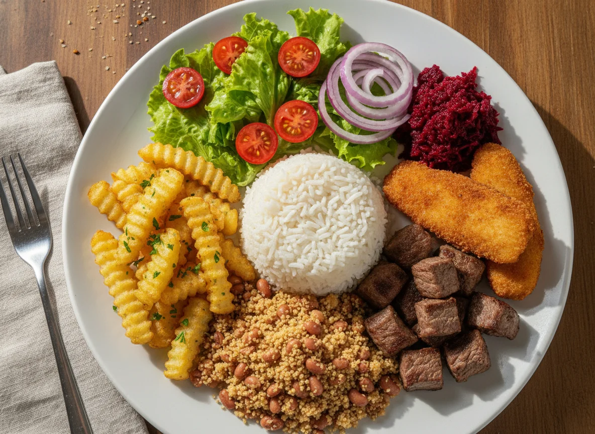 Prato Feito Brasileiro com Carne, Peixe e Batata na Air Fryer photo