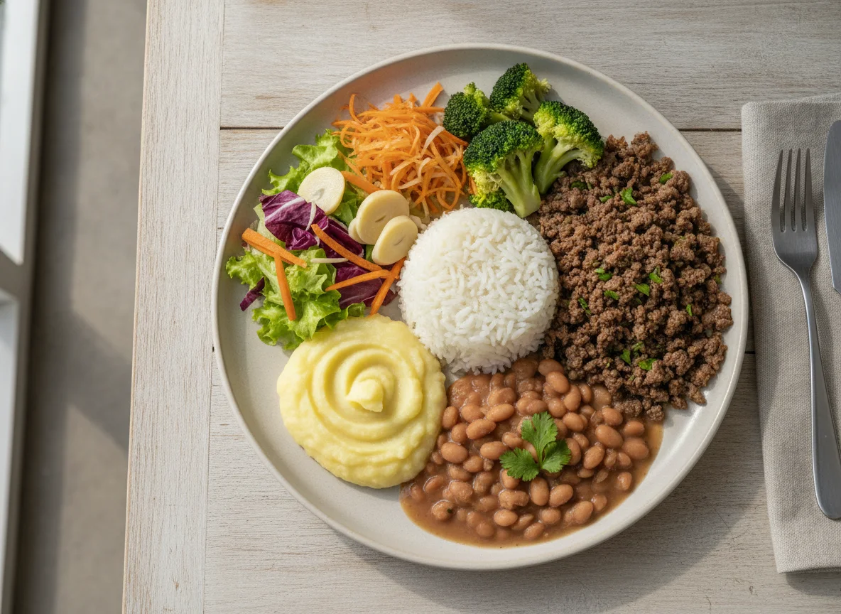 Prato feito brasileiro com carne picadinha, arroz, feijão e salada photo