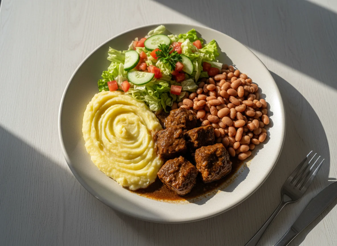 Prato feito brasileiro com carne, purê, feijão e salada photo